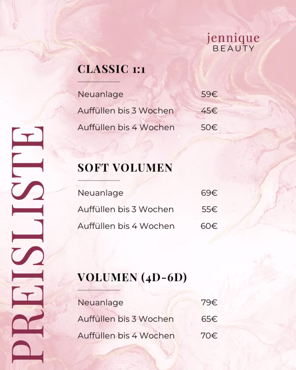 ✨ Aktuelle Preisliste ✨

Hier findet ihr meine aktuellen Preise für Classic 1:1, Soft Volumen und Volumen...