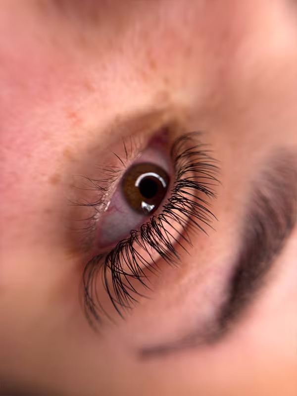 Nahaufnahme einer 1:1 Wimpernverlängerung mit dichtem und ausdrucksstarkem Wimpernlook.