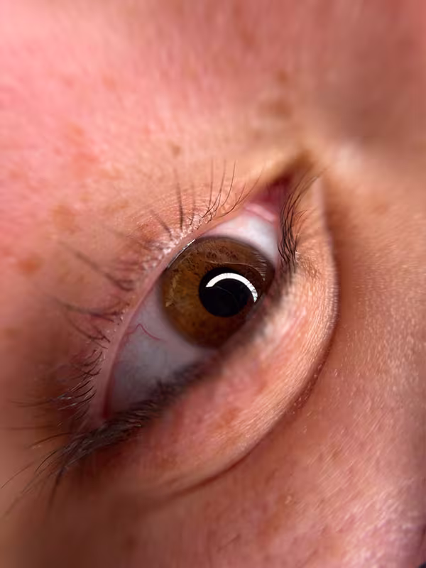 Nahaufnahme einer 1:1 Wimpernverlängerung mit dichtem und ausdrucksstarkem Wimpernlook.